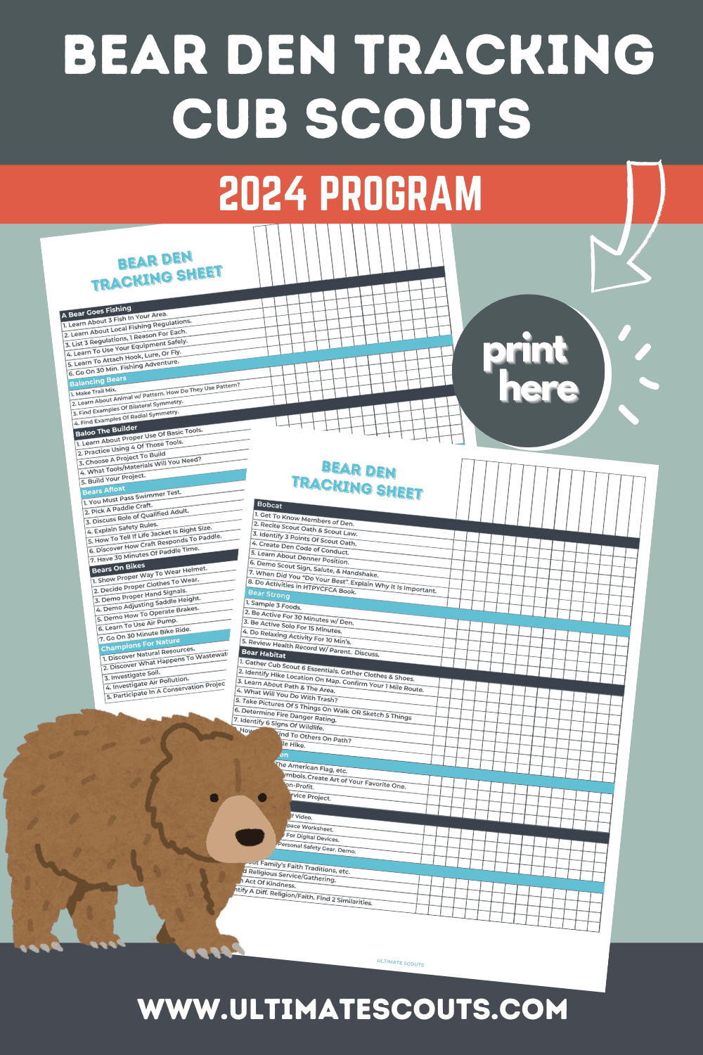 Bear Scout Den Tracking Checklist 2024